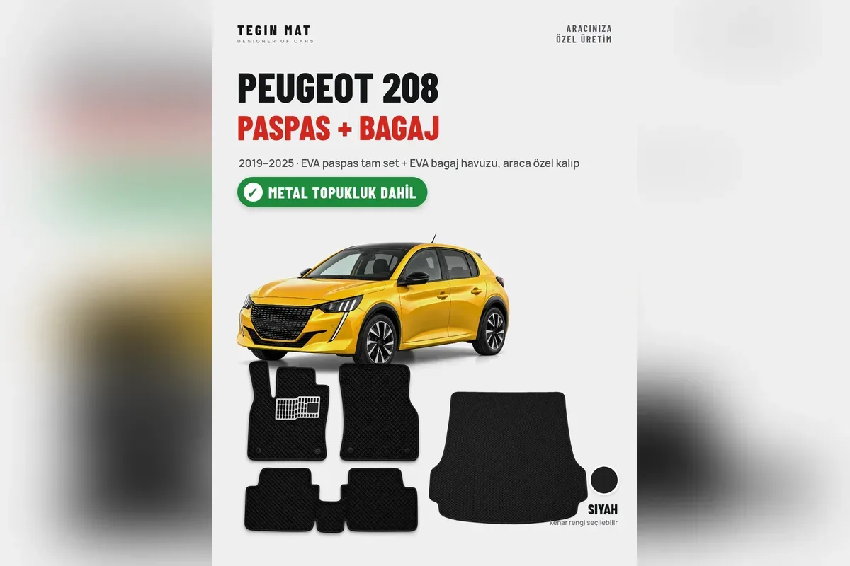 Sarı ikinci nesil Peugeot 208 ve 2019-2025 için siyah EVA paspas tam set ile EVA bagaj havuzu