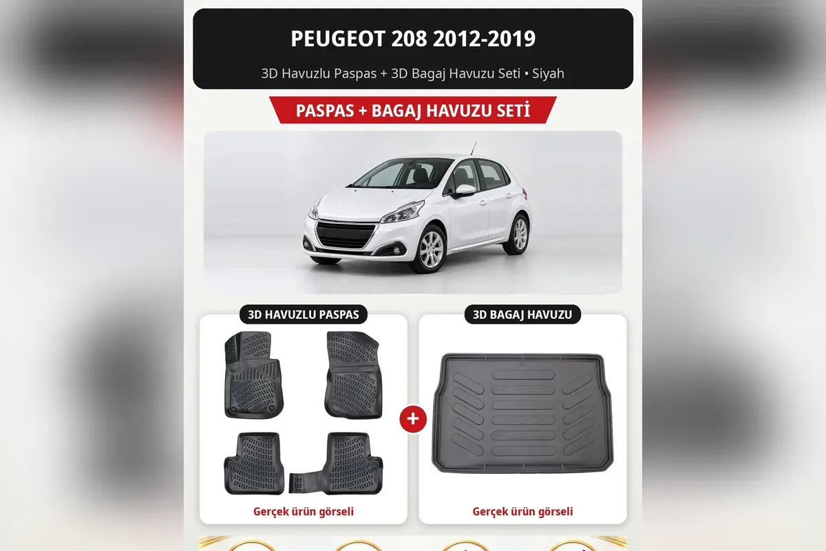 Beyaz birinci nesil Peugeot 208 hatchback ve 2012-2019 için siyah 3D havuzlu paspas ile 3D bagaj havuzu seti