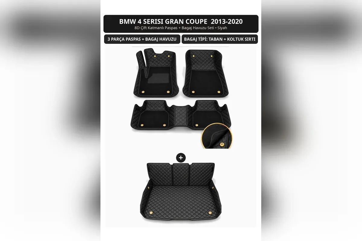 BMW 4 Serisi Gran Coupe 2013-2020 için siyah 8D çift katmanlı paspas ve sırt kaplamalı bagaj havuzu seti