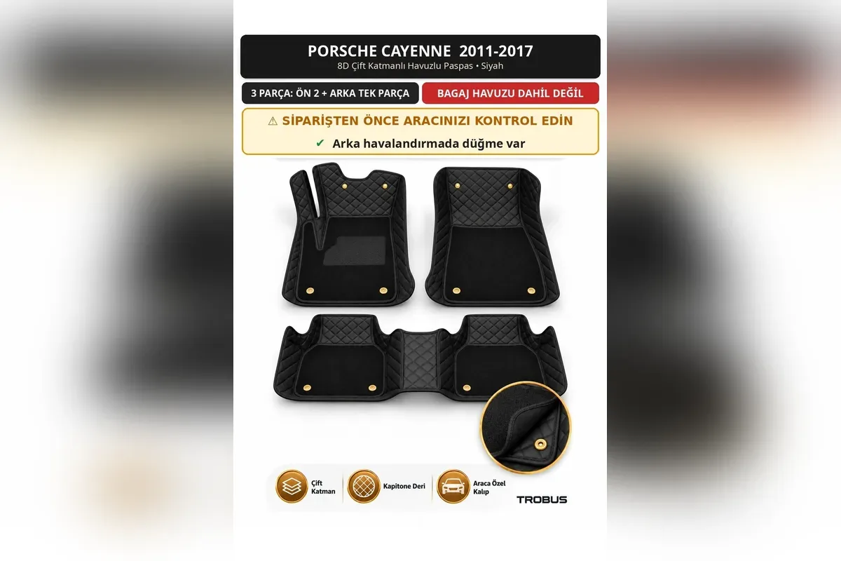 Porsche Cayenne 2011-2017 arka havalandırma ızgarası düğmeli araçlar için siyah 8D çift katmanlı kapitone paspas