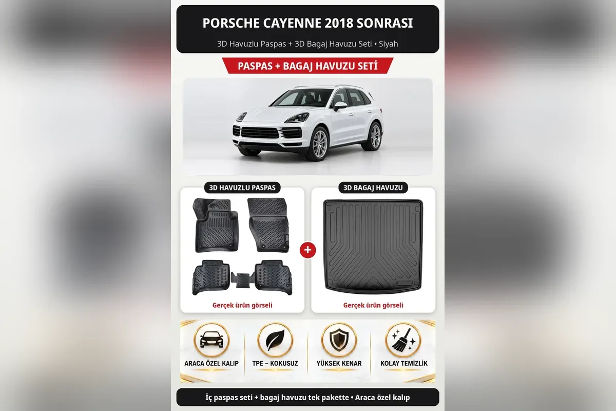 Porsche Cayenne 2018 sonrası için siyah 3D havuzlu paspas ve 3D bagaj havuzu seti