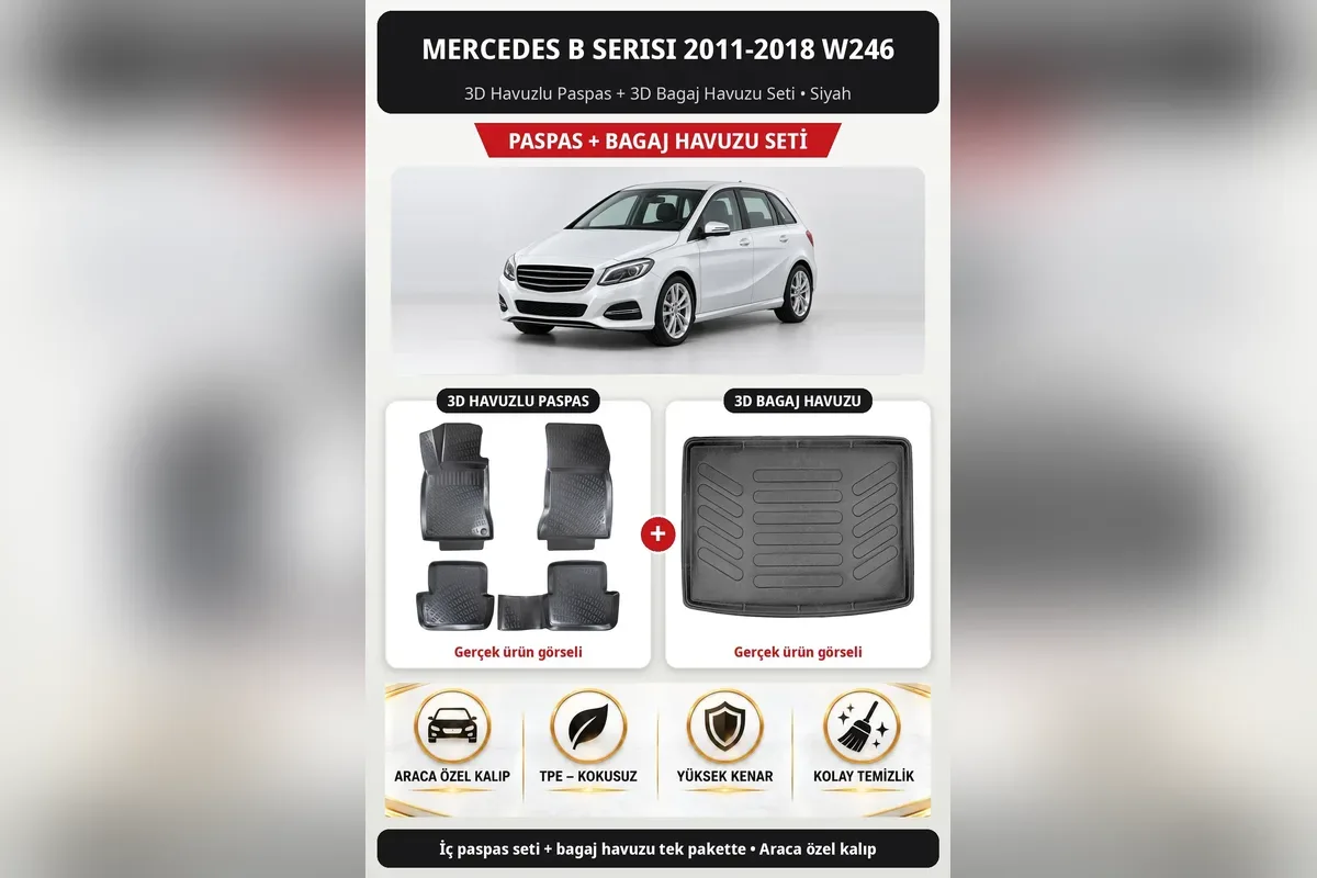 Mercedes B Serisi W246 2011-2018 için siyah 3D havuzlu paspas ve 3D bagaj havuzu seti