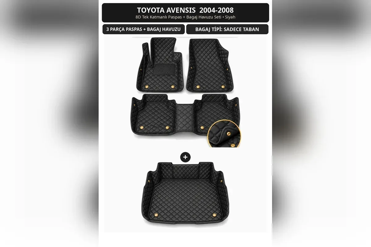 Toyota Avensis 2004-2008 için siyah 8D tek katmanlı kapitone paspas ve taban bagaj havuzu seti