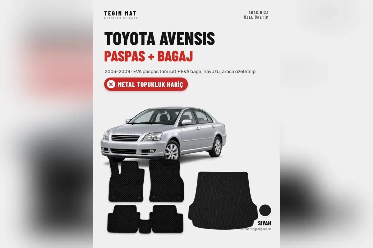 Gümüş Toyota Avensis T25 sedan ve 2003-2009 için siyah EVA paspas ile EVA bagaj havuzu seti