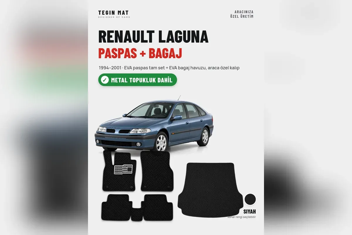 Mavi Renault Laguna 1 ve 1994-2001 için metal topukluklu siyah EVA paspas ile EVA bagaj havuzu seti