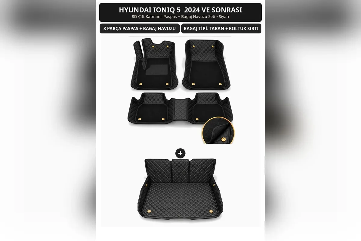 Hyundai Ioniq 5 2024 ve sonrası için siyah 8D çift katmanlı kapitone paspas ve koltuk sırtı kaplamalı bagaj havuzu seti