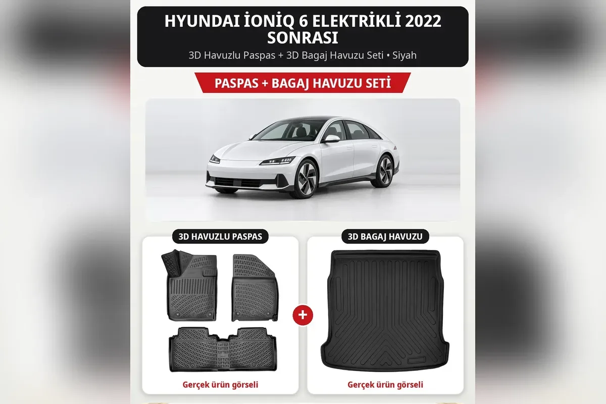 Beyaz Hyundai Ioniq 6 elektrikli sedan ve 2022 sonrası için siyah 3D havuzlu paspas ile 3D bagaj havuzu seti