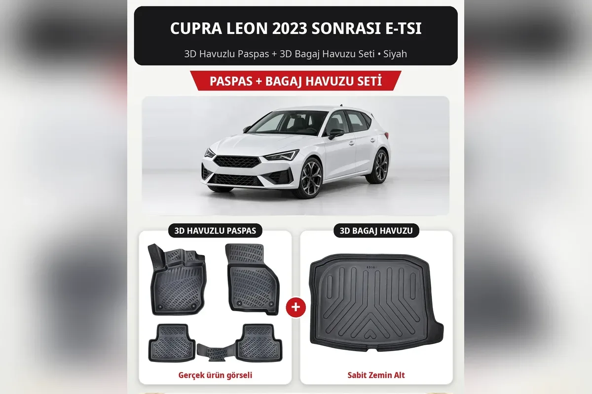 Beyaz Cupra Leon hatchback ve 2023 sonrası e-TSI için siyah 3D havuzlu paspas ile sabit zemin alt bagaj havuzu seti