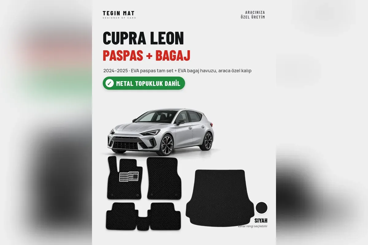 Gümüş Cupra Leon ve 2024-2025 için metal topukluklu siyah EVA paspas ile EVA bagaj havuzu seti
