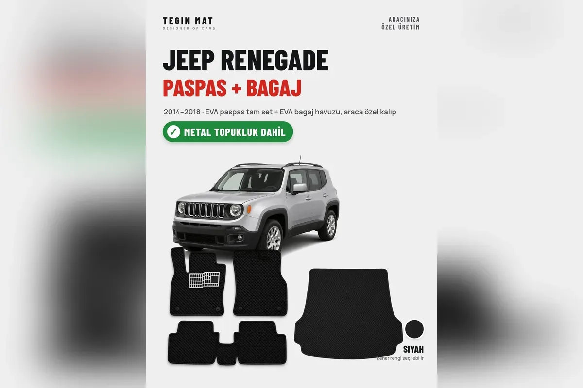 Jeep Renegade 2014-2018 için siyah EVA paspas tam set ve EVA bagaj havuzu, metal topukluklu