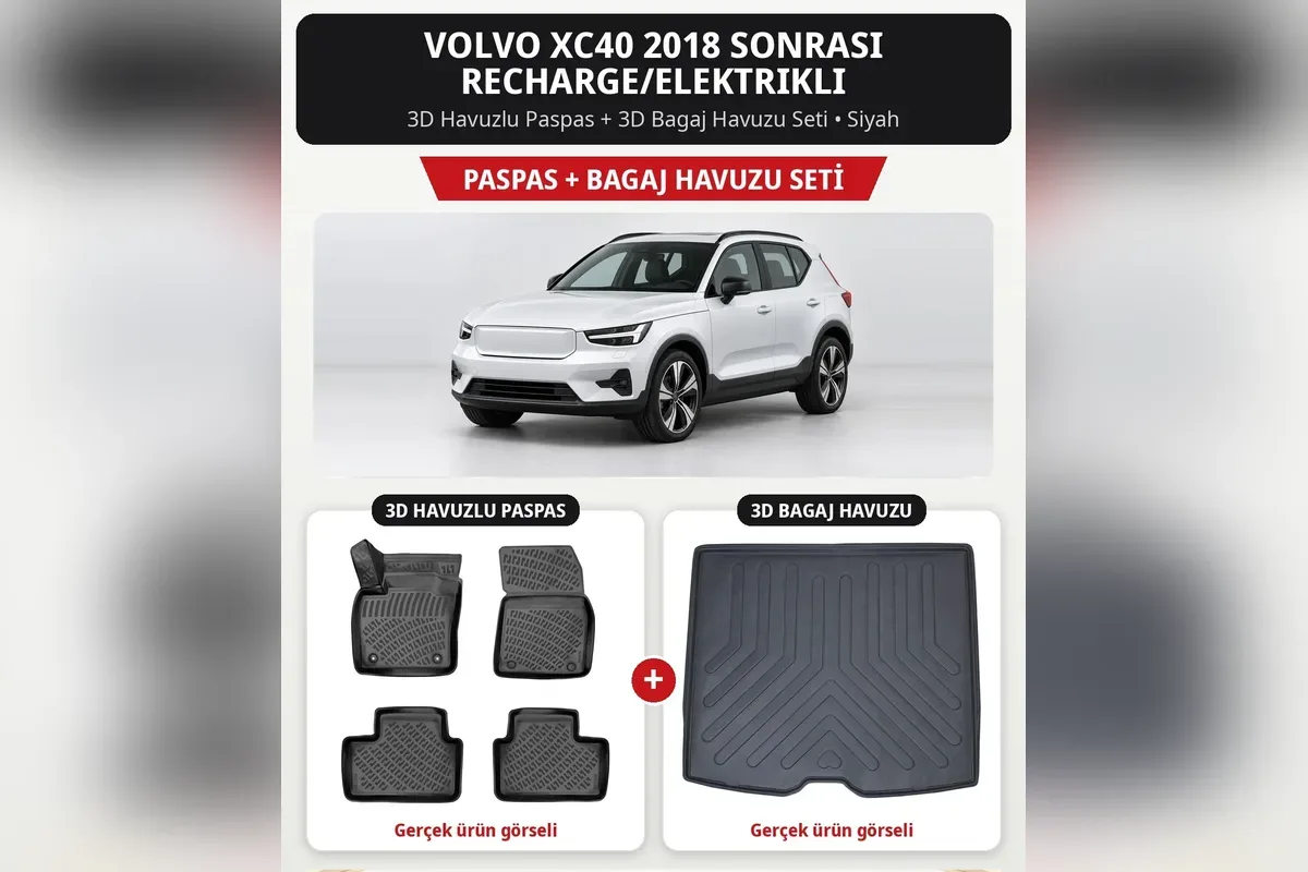 Volvo XC40 2018 sonrası Recharge elektrikli için siyah 3D havuzlu paspas ve 3D bagaj havuzu seti