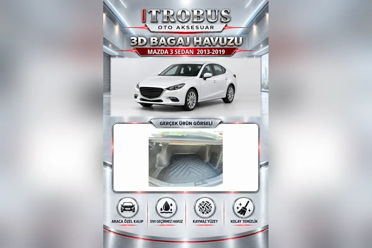 Mazda 3 2013-2019 Sedan için araca özel siyah 3D bagaj havuzu