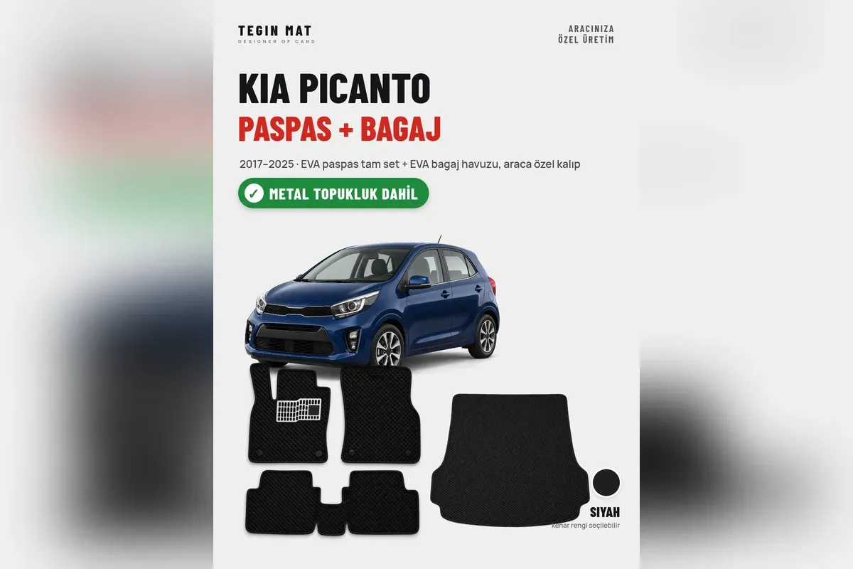 Kia Picanto 2017-2025 için siyah EVA paspas tam set ve EVA bagaj havuzu seti