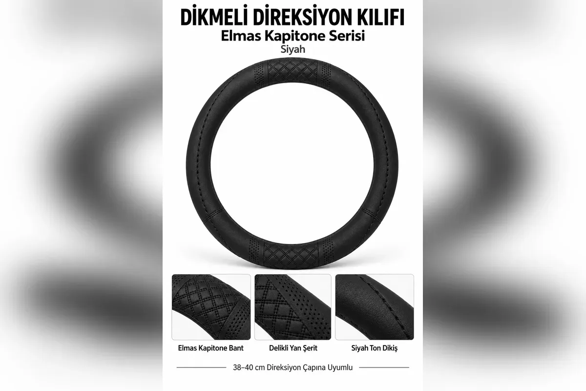 Opel Crossland 2017-2024 uyumlu elmas kapitone siyah dikmeli direksiyon kılıfı