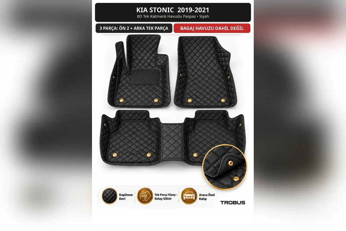 Kia Stonic 2019-2021 için siyah tek katmanlı 8D kapitone havuzlu paspas