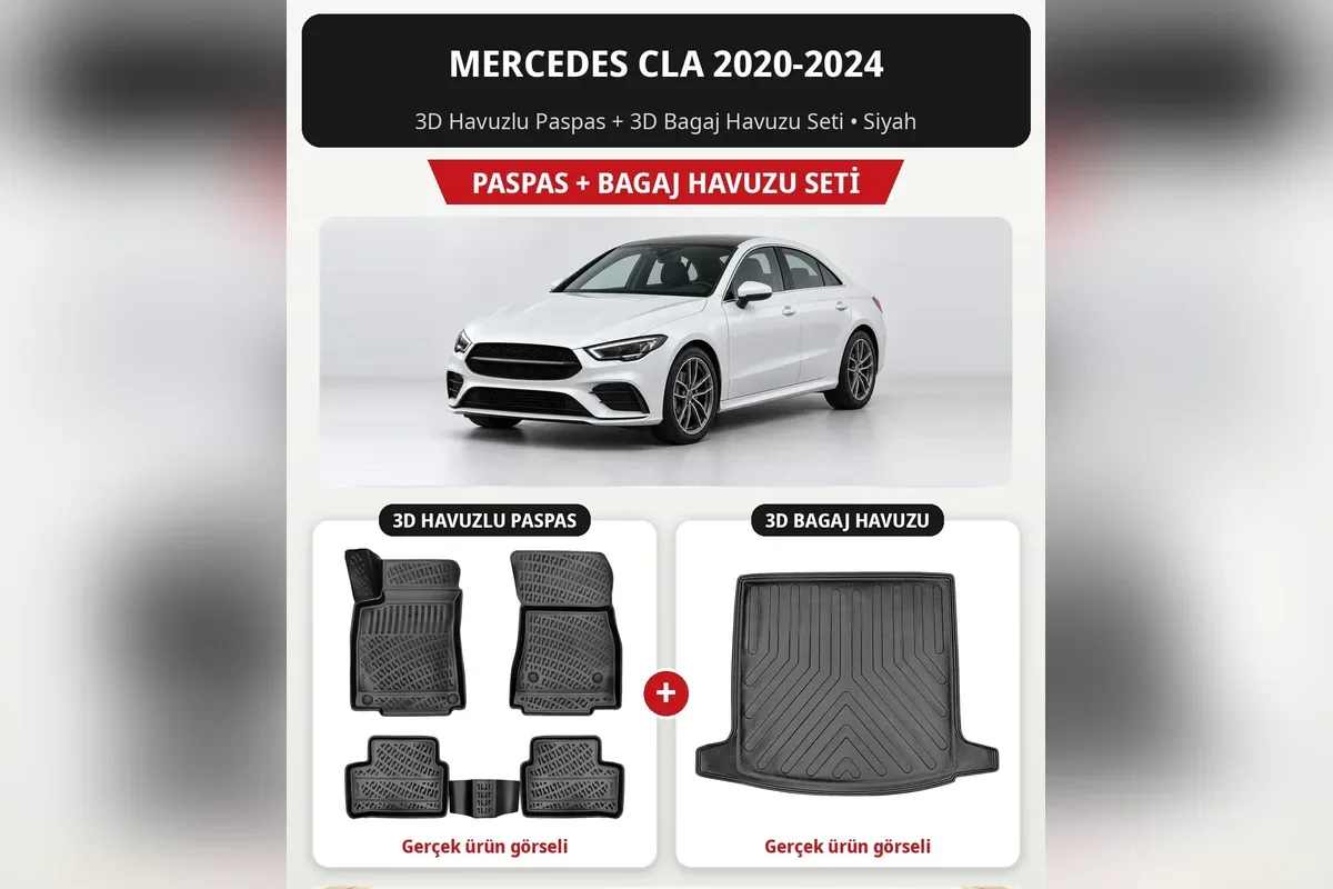 Mercedes CLA 2020-2024 için siyah 3D havuzlu paspas ve 3D bagaj havuzu seti