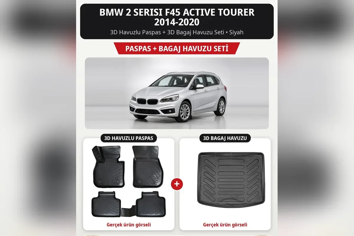 BMW 2 Serisi F45 Active Tourer 2014-2020 için siyah 3D havuzlu paspas ve 3D bagaj havuzu seti