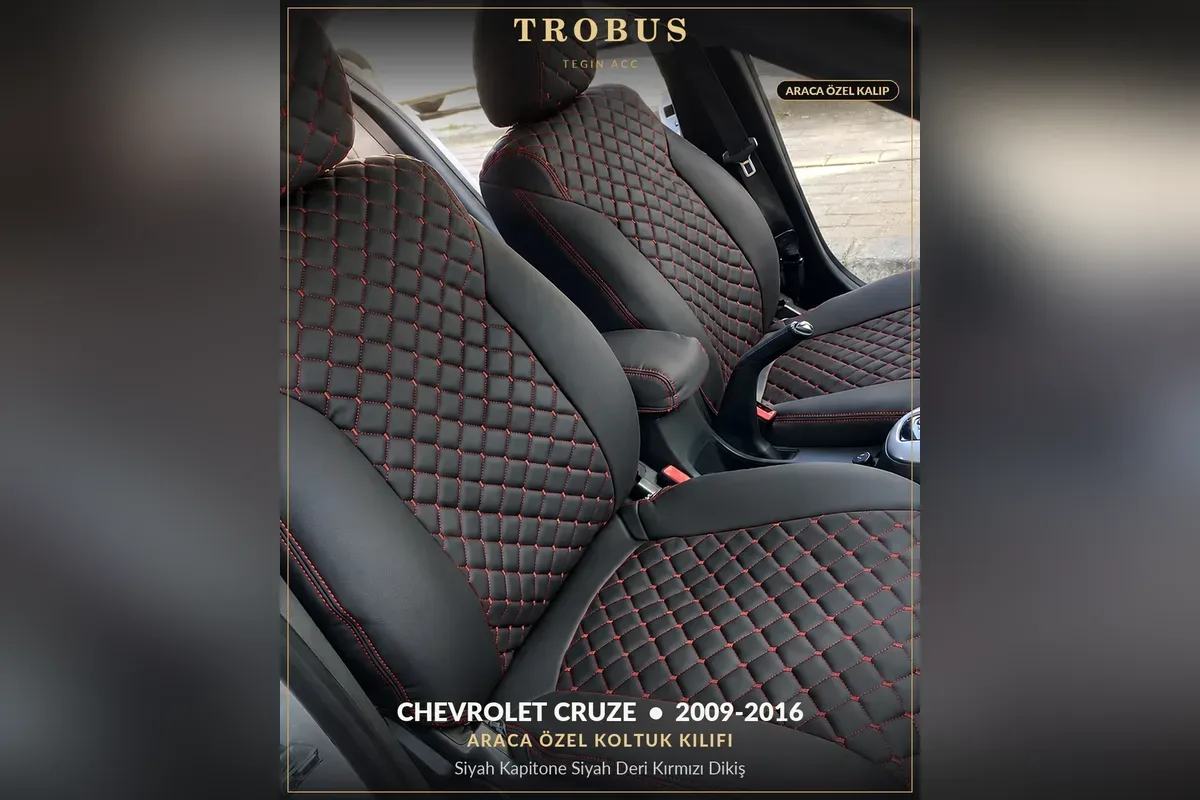 Chevrolet Cruze 2009-2016 araca özel koltuk kılıfı, siyah kapitone, siyah deri ve kırmızı dikiş