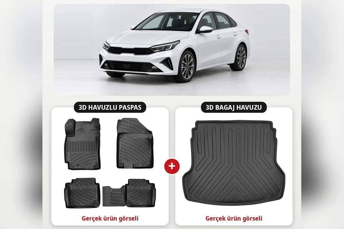 Kia Cerato 2022 sonrası için 3D havuzlu paspas ve 3D bagaj havuzu seti siyah