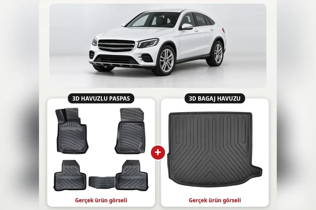 Mercedes GLC Coupe 2015-2023 için 3D havuzlu paspas ve 3D bagaj havuzu seti siyah