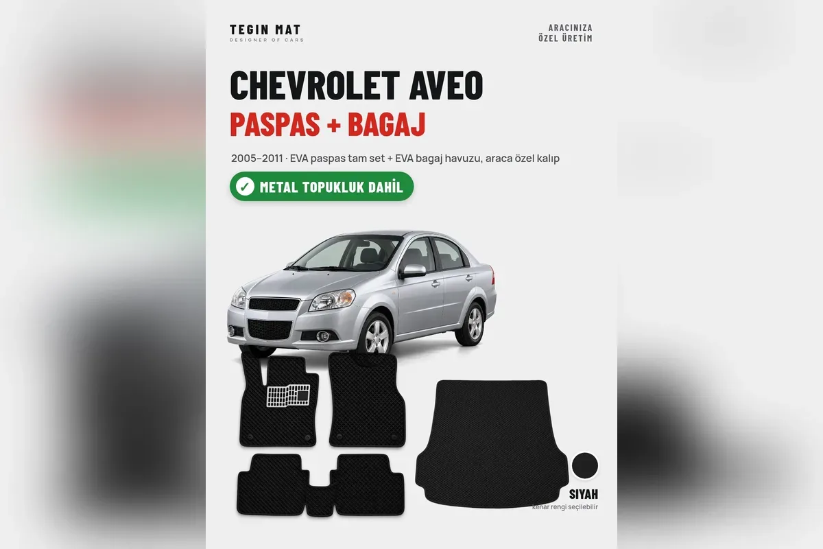 Chevrolet Aveo 2005-2011 sedan için EVA paspas ve EVA bagaj havuzu seti siyah