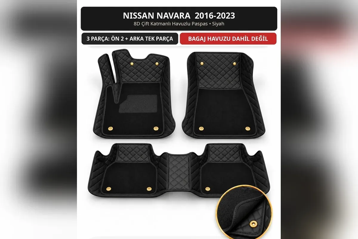 Nissan Navara 2016-2023 için siyah 8D çift katmanlı kapitone havuzlu paspas 3 parça