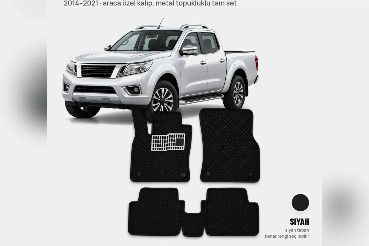Nissan Navara 2014-2021 için siyah EVA paspas tam set ve metal topukluk