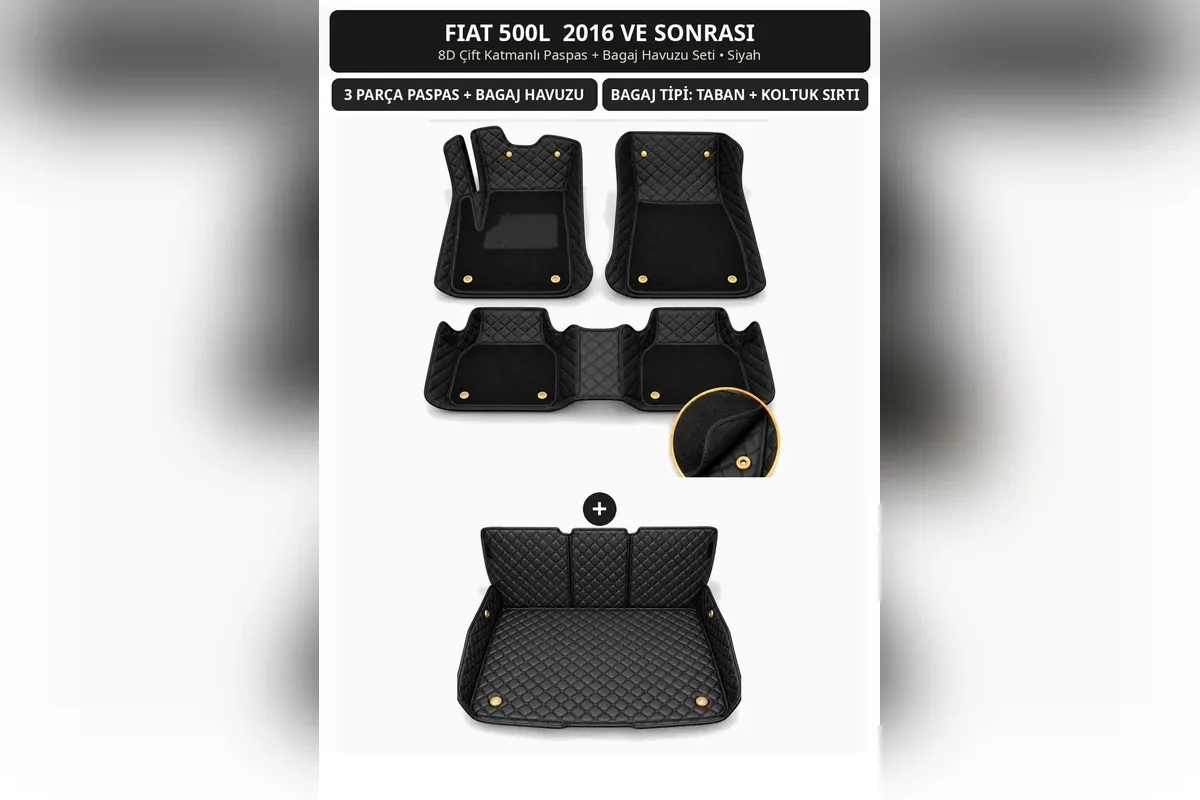 Fiat 500L 2016 ve sonrası için siyah 8D çift katmanlı kapitone paspas ve koltuk sırtı kaplamalı bagaj havuzu seti