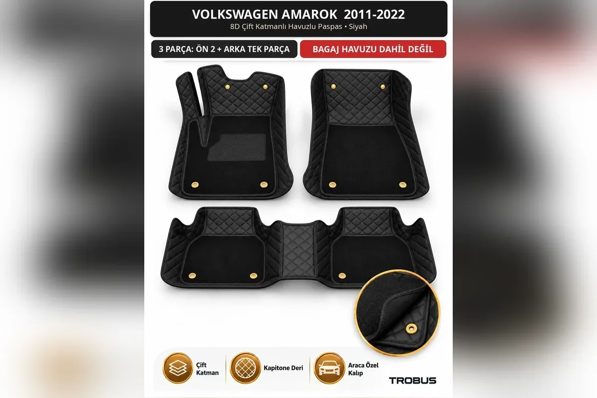 Volkswagen Amarok 2011-2022 için 8D çift katmanlı kapitone havuzlu paspas siyah 3 parça