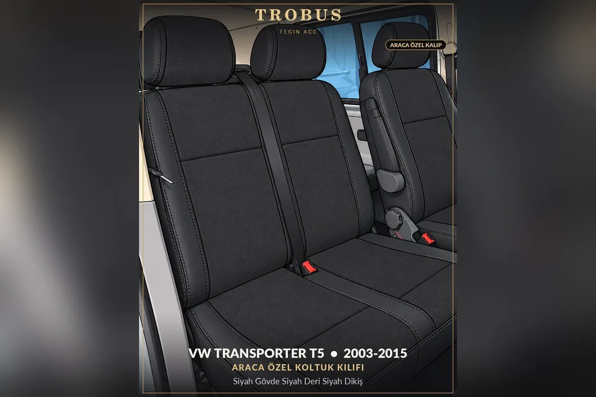 Volkswagen Transporter T5 2003-2015 araca özel koltuk kılıfı siyah gövde siyah deri