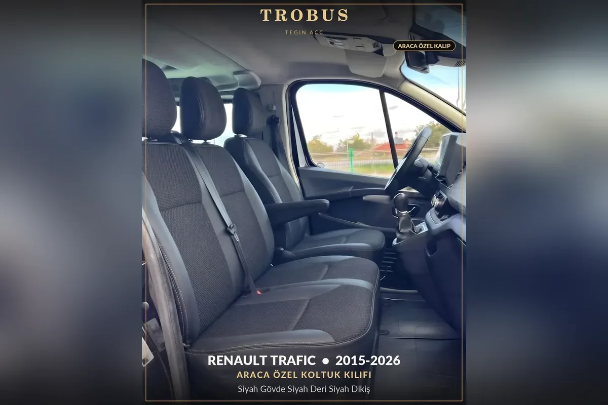 Renault Trafic 2015-2026 araca özel koltuk kılıfı, siyah gövde ve siyah deri kenarlı ön kabin