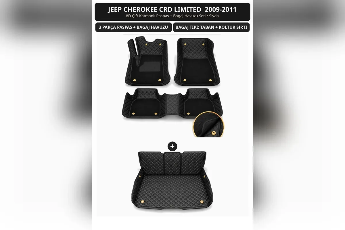 Jeep Cherokee CRD Limited 2009-2011 için siyah 8D çift katmanlı paspas ve koltuk sırtı kaplamalı bagaj havuzu seti