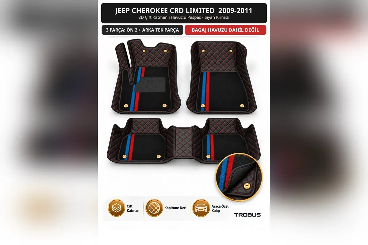 Jeep Cherokee CRD Limited 2009-2011 için siyah kırmızı deri 8D çift katmanlı havuzlu paspas 3 parça