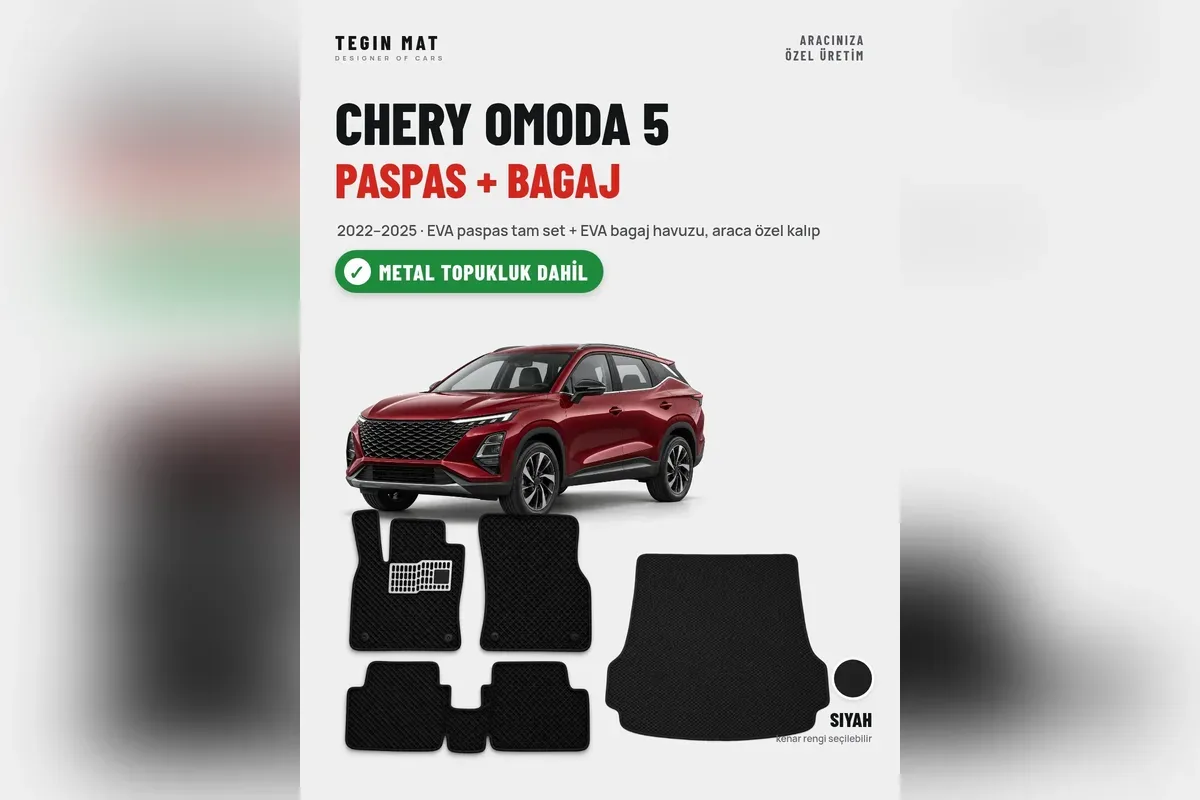Chery Omoda 5 2022-2025 için siyah EVA paspas tam set ve EVA bagaj havuzu, metal topukluk dahil