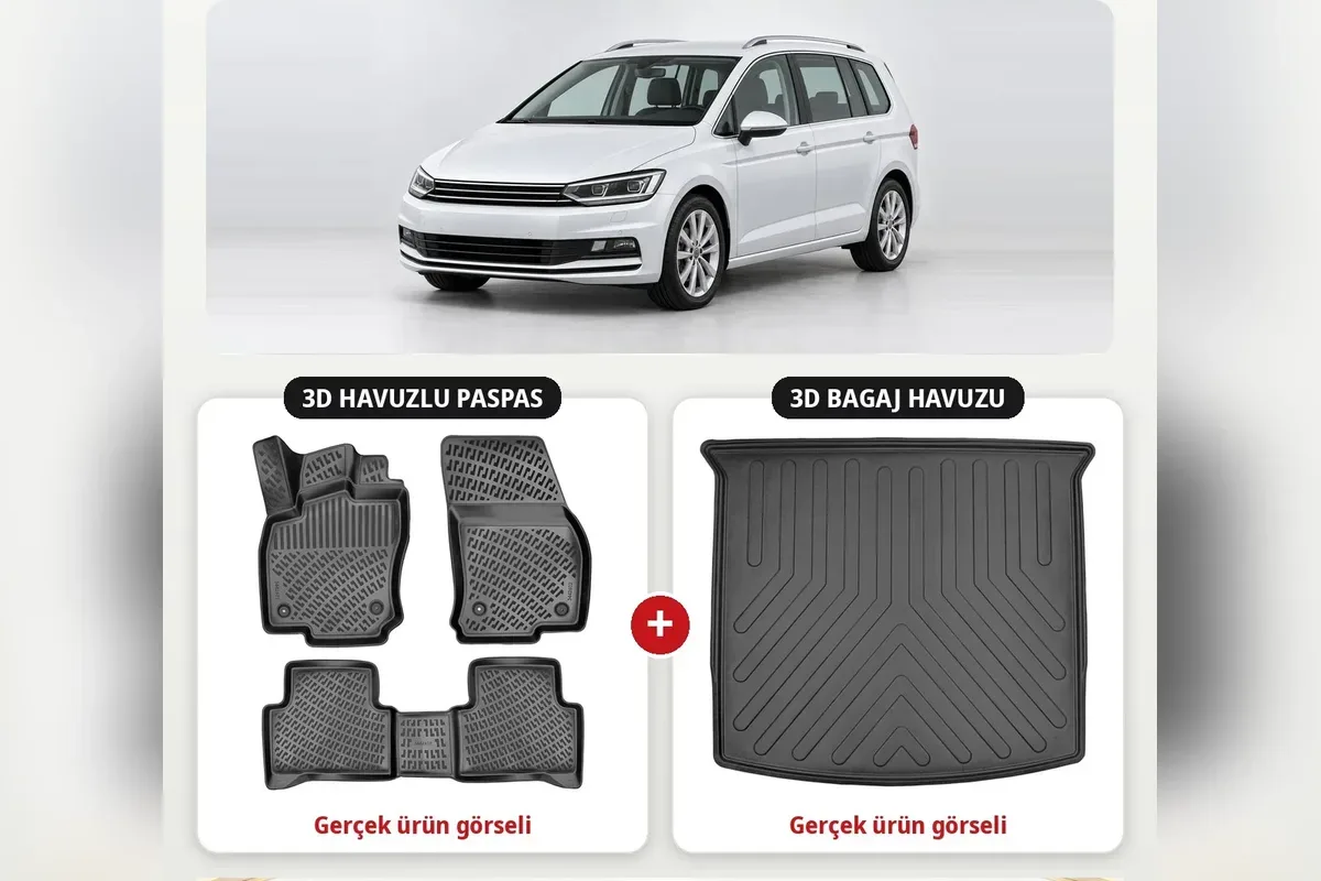 Volkswagen Touran 2015 sonrası için 3D havuzlu paspas ve 3D bagaj havuzu seti siyah