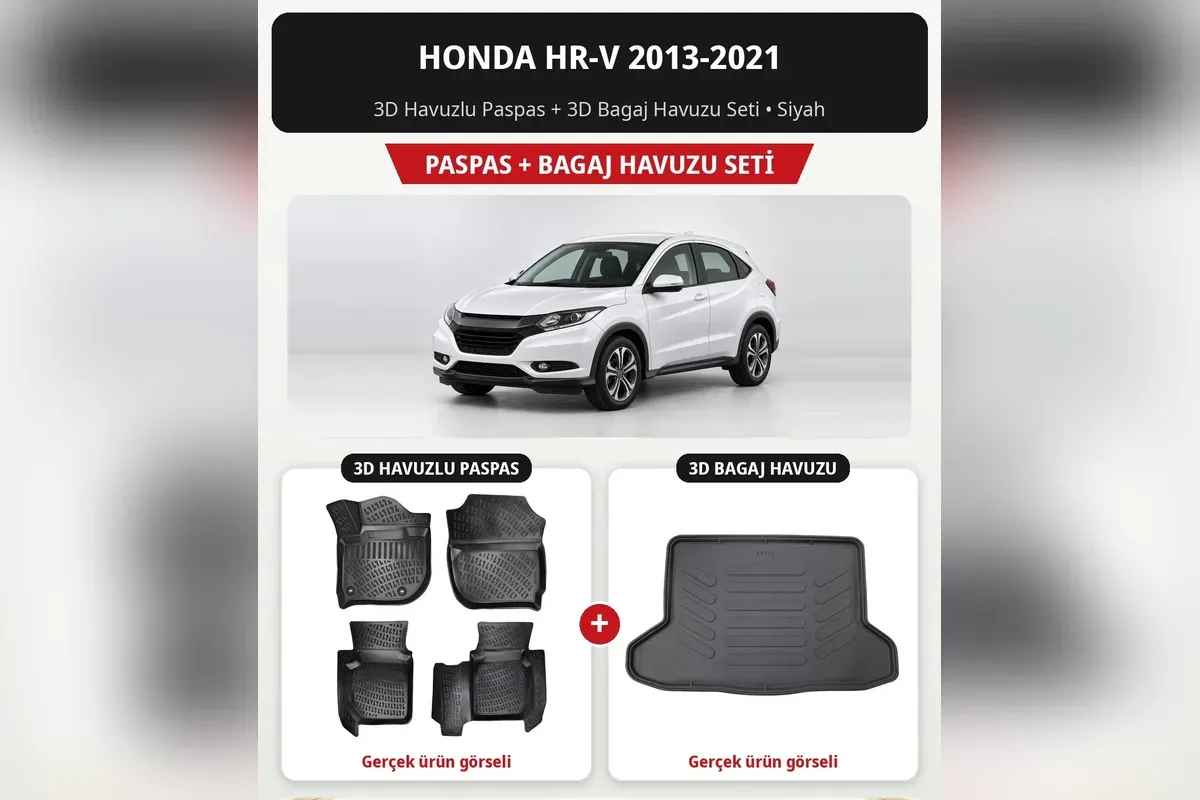 Honda HR-V 2013-2021 için siyah 3D havuzlu paspas ve 3D bagaj havuzu seti