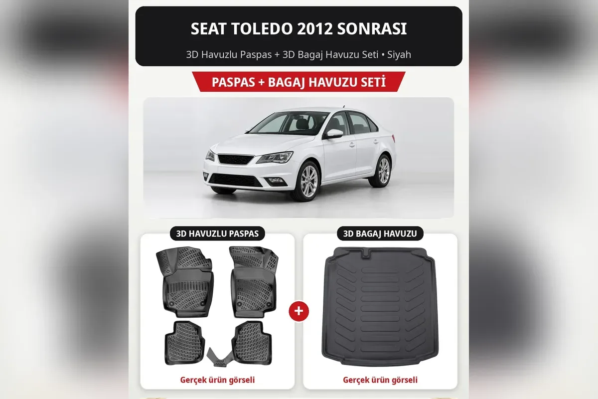 Seat Toledo 2012 sonrası KG kasa için siyah 3D havuzlu paspas ve 3D bagaj havuzu seti