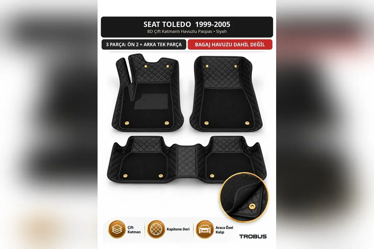 Seat Toledo 1999-2005 için siyah 8D çift katmanlı kapitone havuzlu paspas 3 parça
