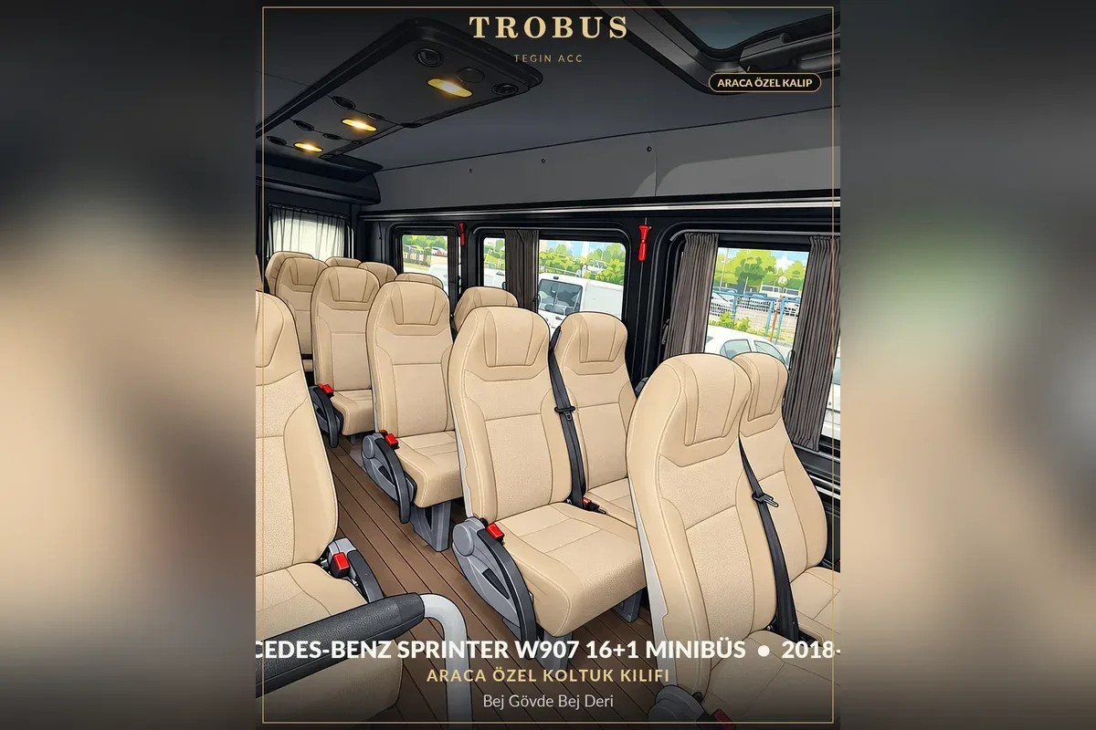 Mercedes-Benz Sprinter W907 16+1 minibüs araca özel koltuk kılıfı, bej gövde bej deri kenar