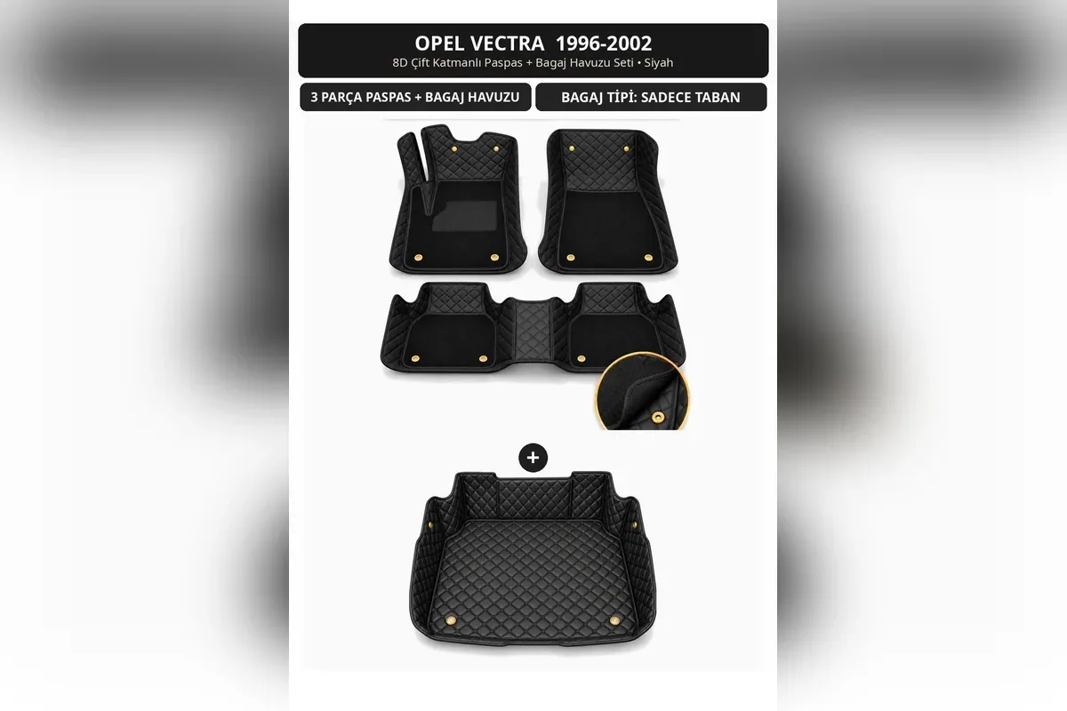 Opel Vectra 1996-2002 için 8D çift katmanlı kapitone paspas ve bagaj havuzu seti, siyah