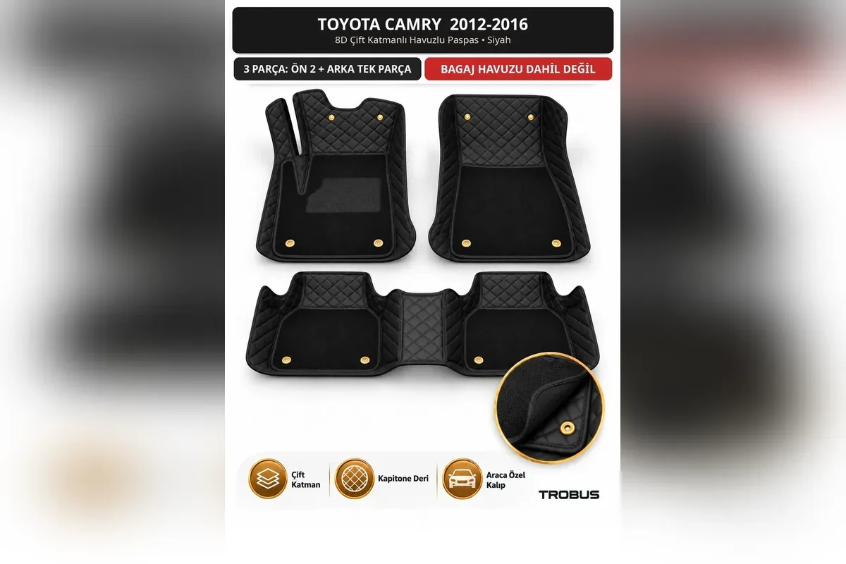 Toyota Camry 2012-2016 için siyah 8D çift katmanlı kapitone havuzlu paspas 3 parça