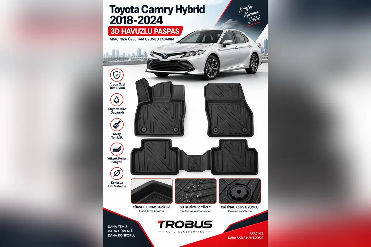 Toyota Camry Hybrid 2018-2024 için siyah 3D havuzlu paspas ürün kartı
