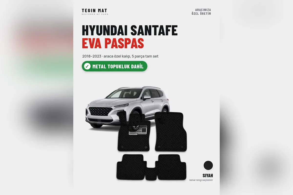 Hyundai Santa Fe 2018-2023 için siyah EVA oto paspas tam set 5 parça metal topukluklu