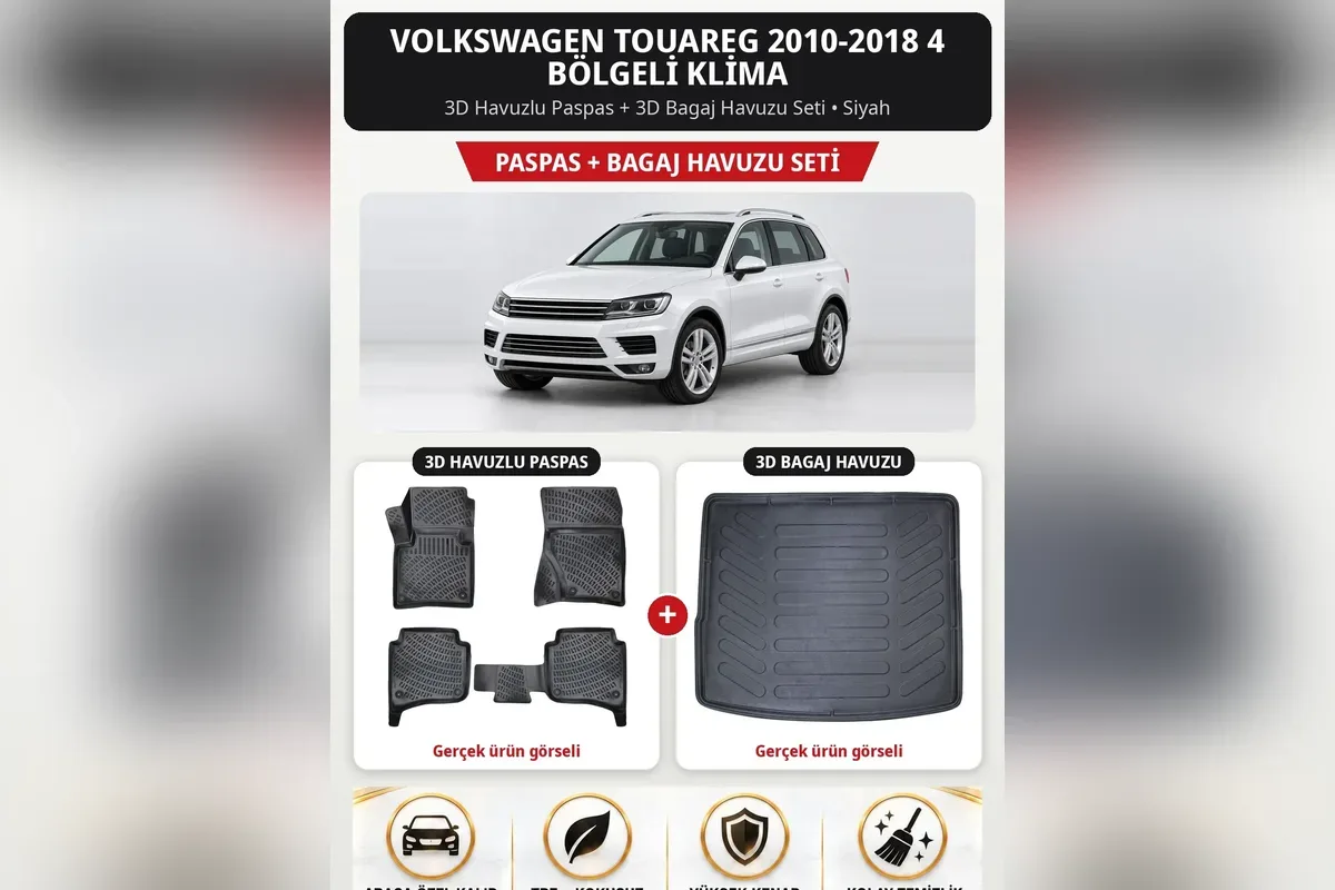 Volkswagen Touareg 2010-2018 4 bölgeli klima için siyah 3D paspas ve bagaj havuzu seti