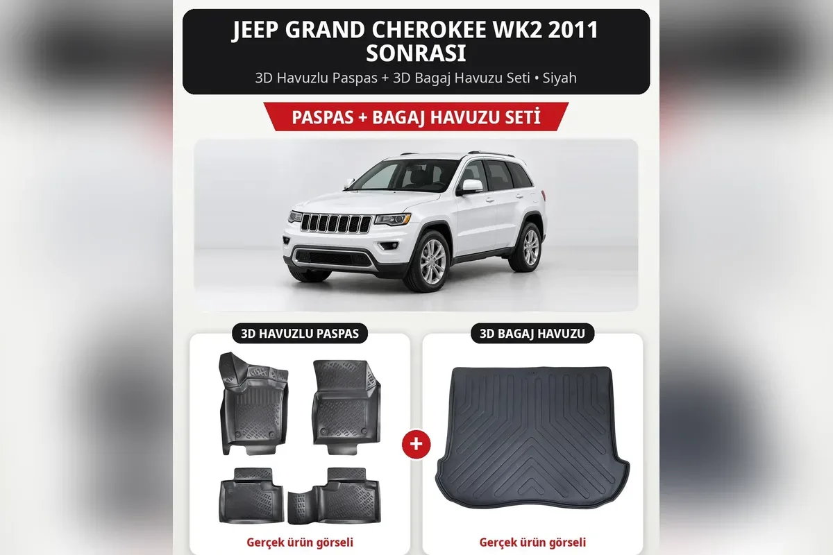 Jeep Grand Cherokee WK2 2011 sonrası için siyah 3D havuzlu paspas ve 3D bagaj havuzu seti