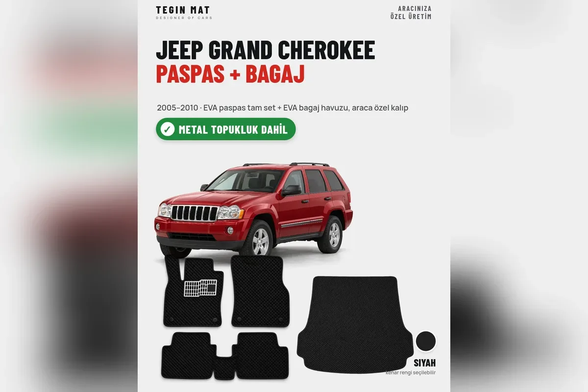 Jeep Grand Cherokee 2005-2010 için siyah EVA paspas tam set ve EVA bagaj havuzu, metal topukluklu