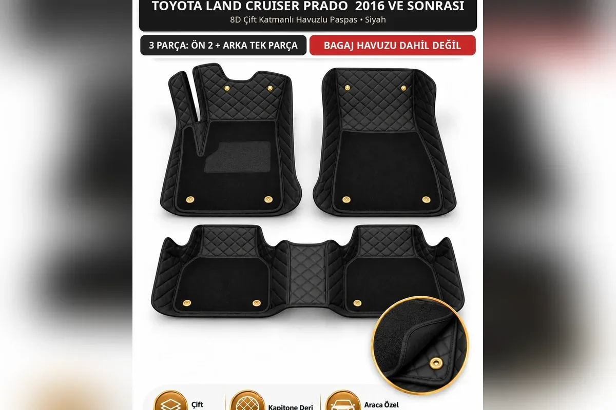 Toyota Land Cruiser Prado 2016 ve sonrası 5 kişilik için siyah 8D çift katmanlı kapitone havuzlu paspas 3 parça