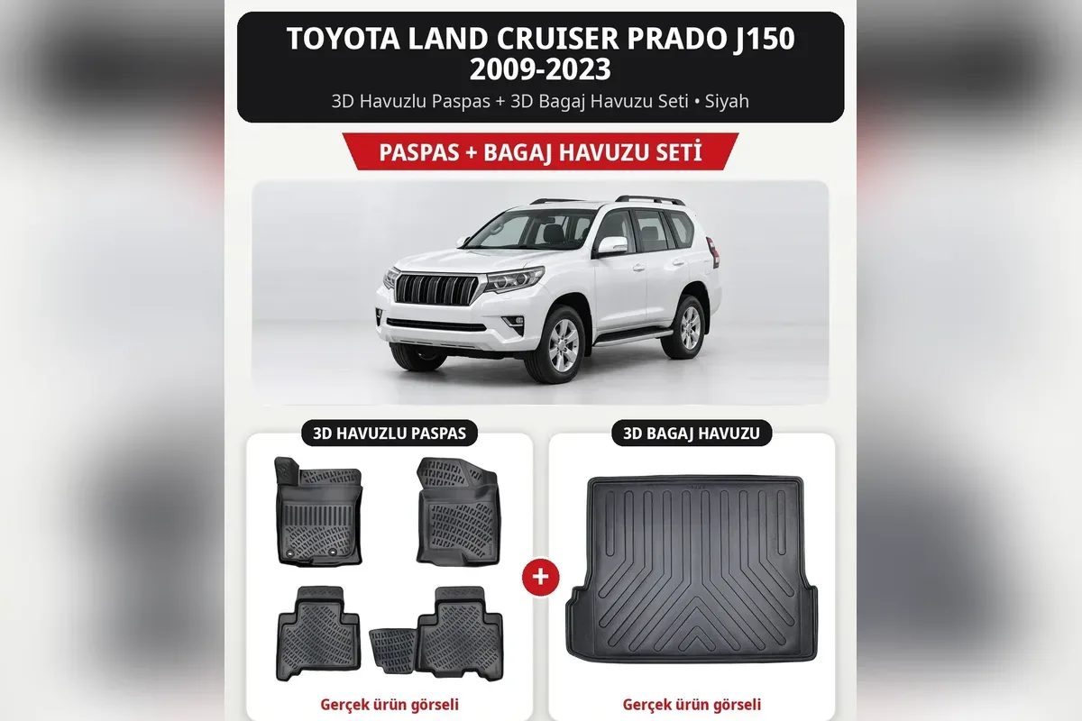 Toyota Land Cruiser Prado J150 2009-2023 için siyah 3D havuzlu paspas ve 3D bagaj havuzu seti