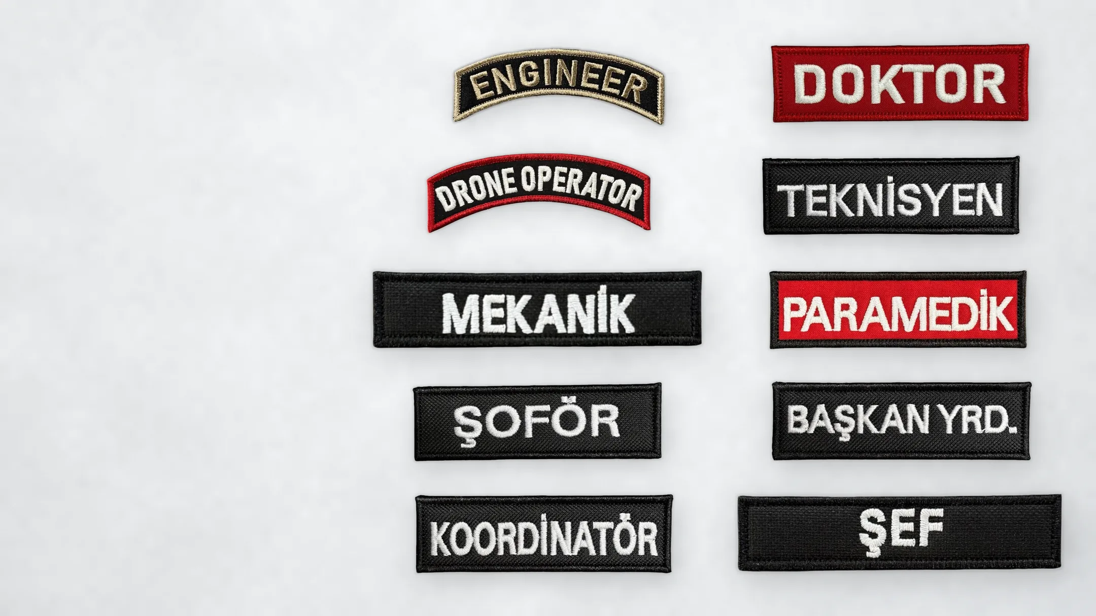 Açık taş zeminde dizilmiş isimlik ve unvan patch armaları: ENGINEER, DOKTOR, MEKANİK, PARAMEDİK