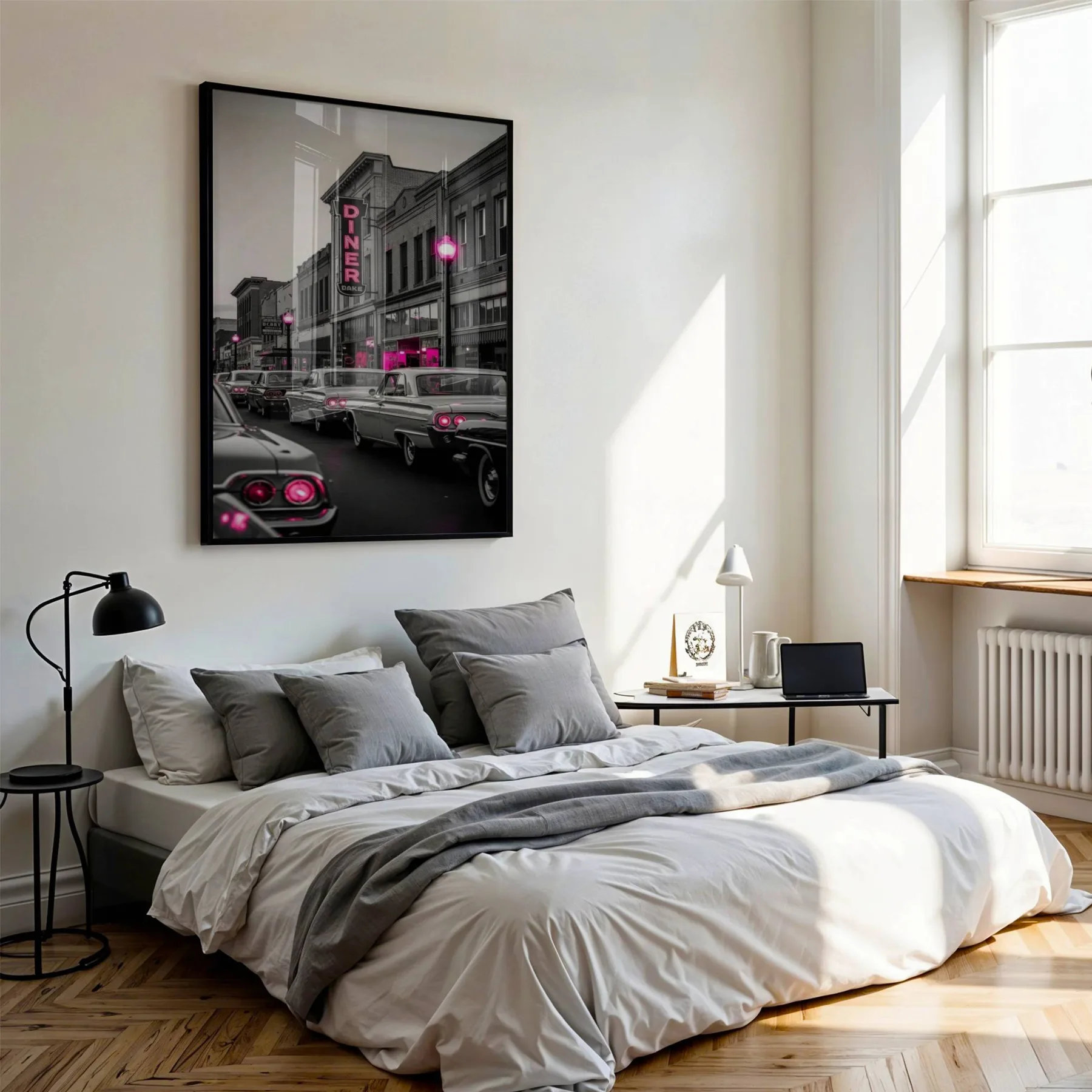 Pembe Işıklı Retro Cadde 1 Adet Masif Ahşap Tablo, siyah çerçeve, yatak odası duvarında